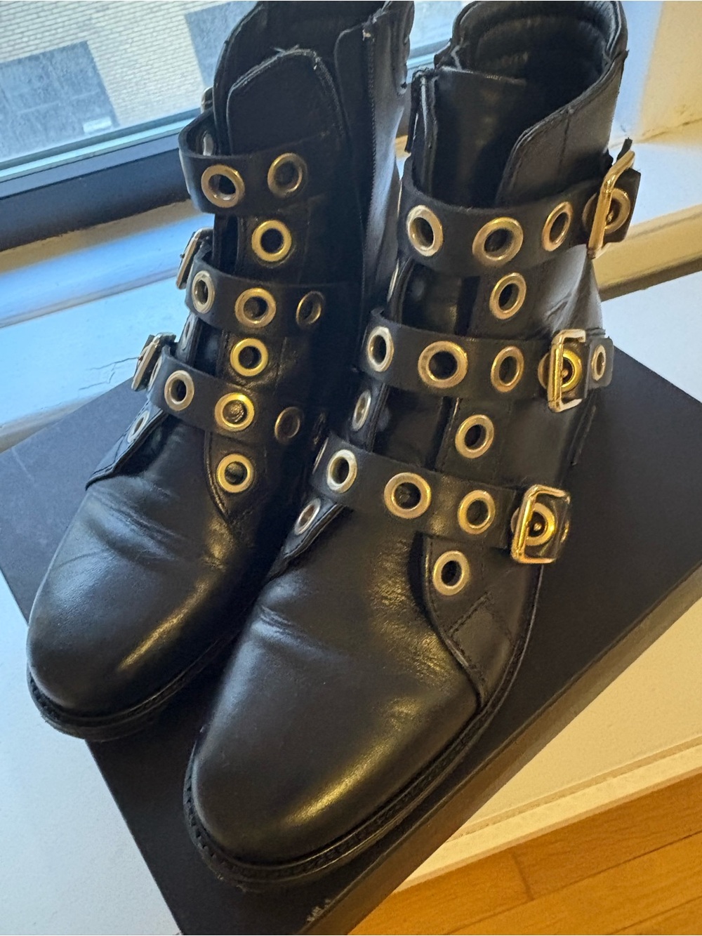 Maje Black Leather Lace-Up Ankle Boots with Gold Eyelet Buckles